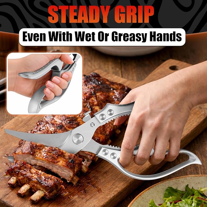 Stainless Steel Poultry Shears, Hardened Blades, Safety Lock | Heavy Duty Kitchen Shears for Food with Nutcracker and Fish Descaler; Spring-Loaded to Cut Chicken, Turkey, Meat and Bone