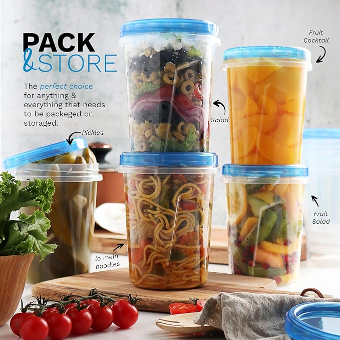 Tafura Freezer Containers, 6 Pack, 32 Oz, Leakproof BPA-Free Lids | Twist-top screw-on closures help prevent spills during storage, transport, and meal prep.