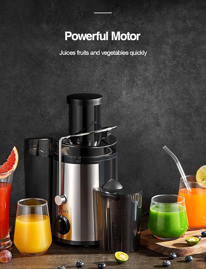 Qcen Juicer Machine, 500W Centrifugal Juicer Extractor with Wide Mouth 3” Feed Chute for Fruit Vegetable, Easy to Clean, Stainless Steel, BPA-free (Black) | For Fruits And Vegetables, Stainless Steel, BPA-Free Parts, Easy To Clean, Compact Countertop J...