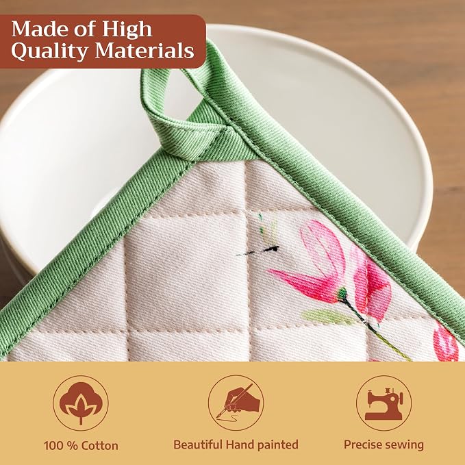 Maison d' Hermine 100% Cotton Oven Mitt & Pot Holder Set (7.5"x13" & 8"x8") | Heat Resistant BBQ Cooking Gloves with Loop Baking Grilling Kitchen Hotel Home Farmhouse Spring Summer - Botanical Fresh