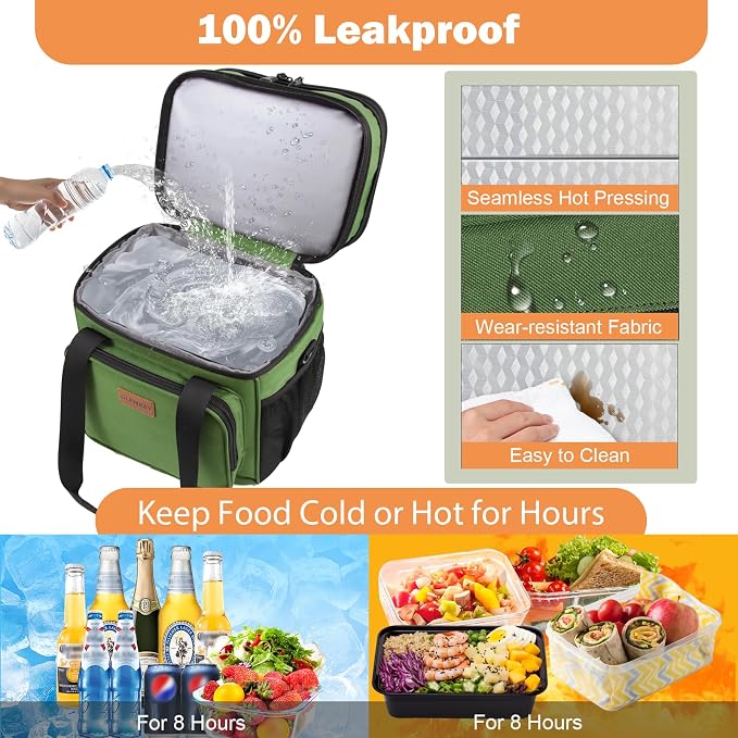 Expandable Lunch Box Cooler Bag - Insulated Soft Lunch Bag for Men Women - Large Lunchbox for Adults Work Camping Outdoor Travel Army Green 22L