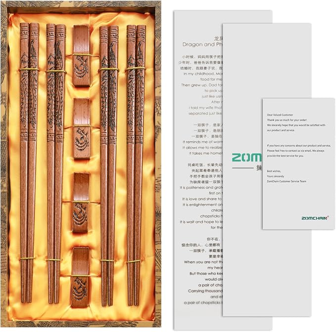 Reusable Chopsticks, Hand-Carved Phoenix Design Wooden Chopstick, Chinese Chopsticks Reusable Dishwasher Safe, Chop Sticks Gift Sets - 4 Pairs