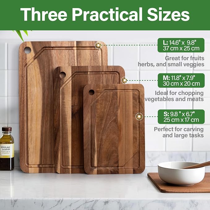 Wood Cutting Board Set, 3-Piece Cutting Board with Stand & Hanging Hole | Chopping Board with Juice Groove & Handles, Serving Board, Ideal for Meat, Vegetables and Cheese