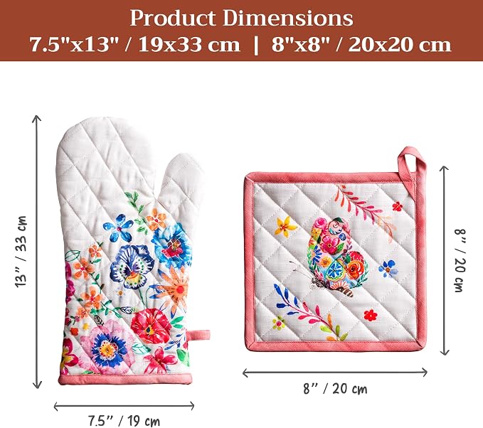 Maison d' Hermine 100% Cotton Oven Mitt & Pot Holder Set (7.5"x13" & 8"x8") | Heat Resistant BBQ Cooking Gloves with Loop Baking Kitchen Hotel Home Farmhouse Spring Summer - Happy Florals - High Summer