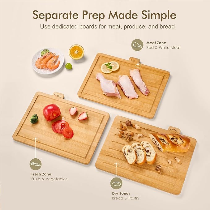 Bamboo Cutting Boards for Kitchen Set of 3, Large 14’’ x 10’’ with Holder, Wooden Cutting Board with Juice Groove & Labels for Meat Vegetables Bread