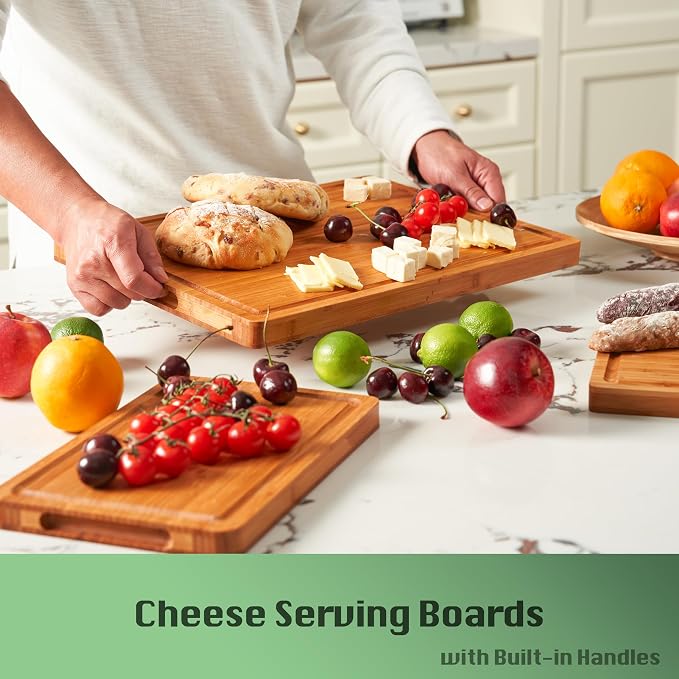 Allsum Extra Thick Wood Cutting Board for Kitchen, Reversible and Durable | 1” thick carbonized bamboo butcher block - resists warping - with handles, juice groove - charcuterie board for party