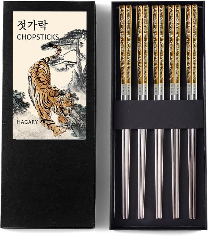 Hagary Tiger Chopsticks Metal Chopsticks Reusable Designed In Korea Japanese Style Stainless Steel 316 18/10 Non-Slip Dishwasher Safe Laser Etched (Gold - 5 Pairs)