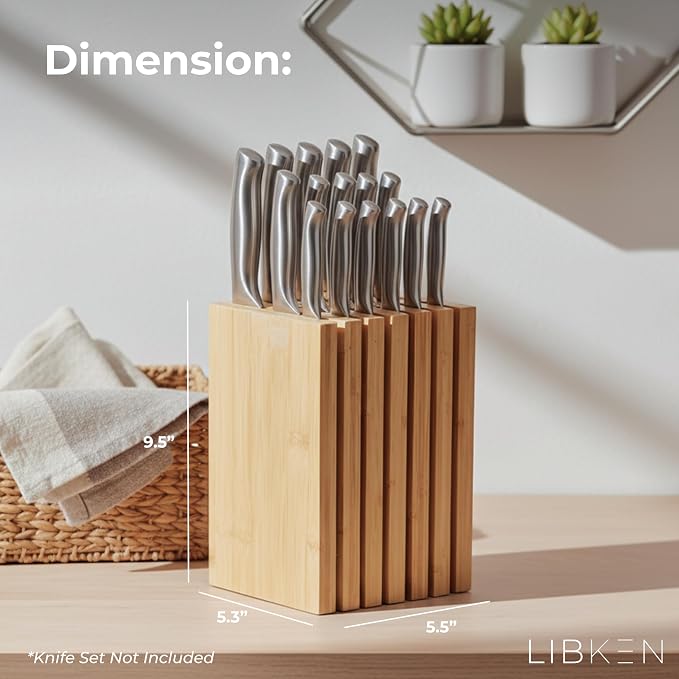 Bamboo Knife Block – Minimal Scandinavian Design, Universal Knife Holder with 6 Slots for Up to 18 Knives – Fits Paring, Chef, Steak, Butcher Knives & Scissors, Countertop Knife Block