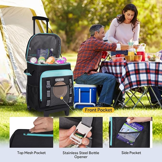 INSMEER Cooler with Wheels and Handle, 80 Cans/50L Rolling Cooler, Portable Soft Sided Cooler with Wheel, 2-in-1 Collapsible Trolley Cart, Large Coolerbag for Grocery Shopping
