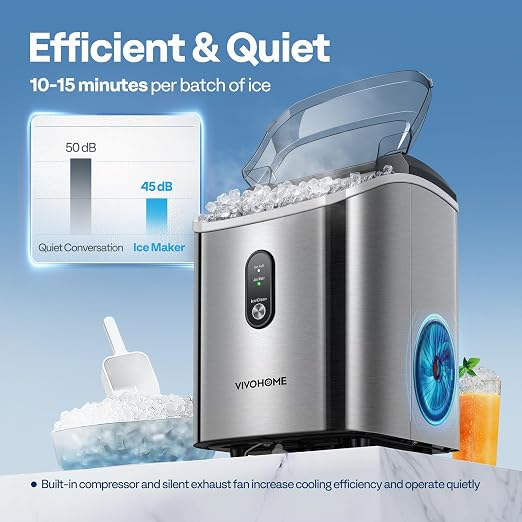 VIVOHOME Electric Portable Compact Countertop Automatic Chewable Nugget Ice Cube Maker Machine with Hand Scoop 10 Ice Bags and Self Cleaning Function 33lbs/Day Silver
