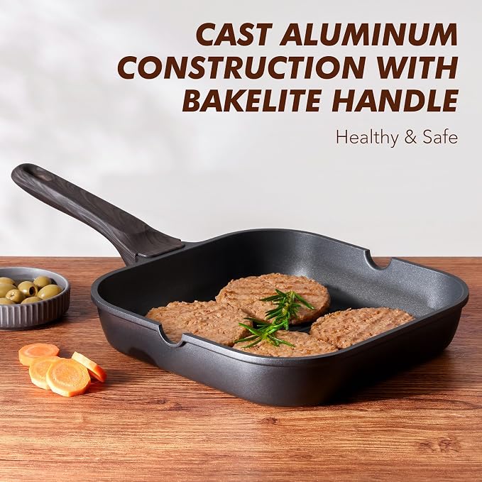 SENSARTE Nonstick Grill Pan for Stove Tops, Versatile Griddle with Pour Spouts, Square Big Cooking Surface, Durable Skillet Indoor & Outdoor Grilling. PFOA Free, 9.5 Inch
