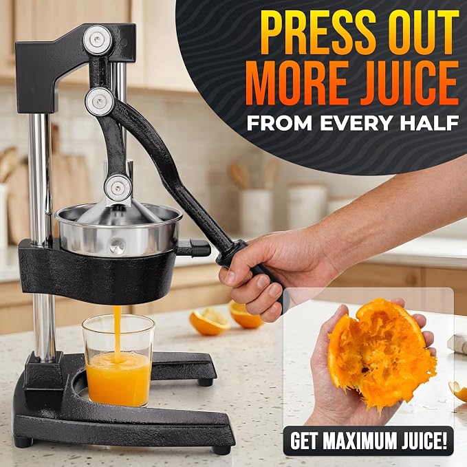Cast Iron Juicer Hand Press, Heavy-Duty Squeezer, 304 Stainless Steel Bowl – One Pull Extracts Full Juice – Manual Citrus Press Juicer & Orange Squeezer for Lemon, Lime & Lemonade at Home Bar (Black)