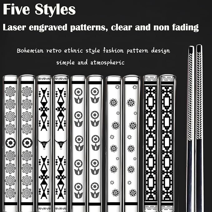 Metal Chopsticks Reusable,18/8 Stainless Steel,Silver,5 Pairs | Dishwasher Safe, Square, Lightweight, Non-Slip, Boho Style