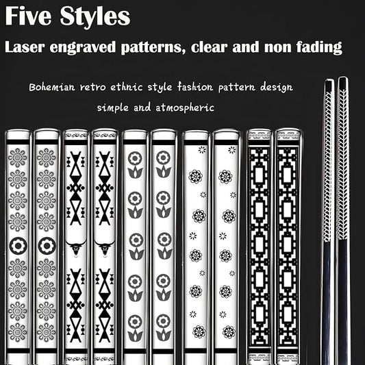 Metal Chopsticks Reusable,18/8 Stainless Steel,Silver,5 Pairs | Dishwasher Safe, Square, Lightweight, Non-Slip, Boho Style