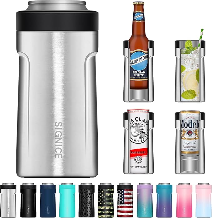 3 In 1 Insulated Universal Can Cooler - Signice Double Walled Vacuum Insulator Stainless Steel Slim Can Cooler for 12 Oz Skinny Tall Standard Regular Can Beer Bottle (Stainless)