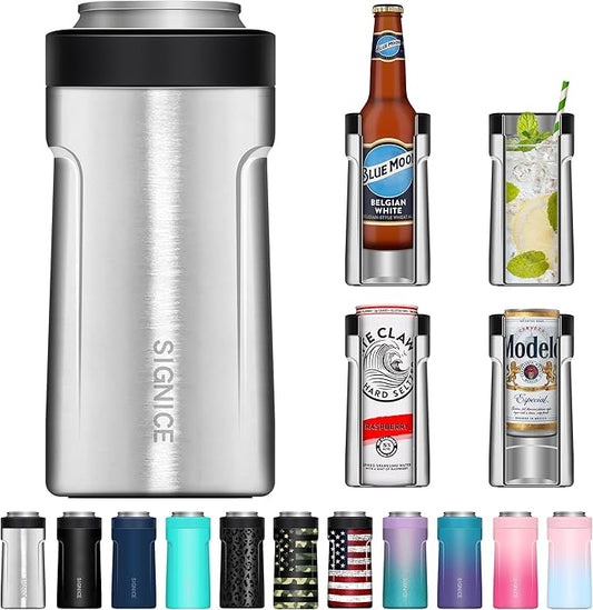 3 In 1 Insulated Universal Can Cooler - Signice Double Walled Vacuum Insulator Stainless Steel Slim Can Cooler for 12 Oz Skinny Tall Standard Regular Can Beer Bottle (Stainless)