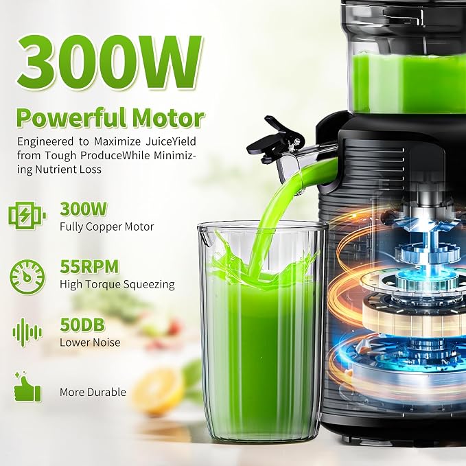 5ive Cold Press Juicer, 5.1 Inch Wide Chute Slow Masticating Extractor | 1.7 L Slow Juice Extractor for Whole Fruits Veggies, Easy Clean Electric Maker with Recipe Guide, Rate of 99% juice