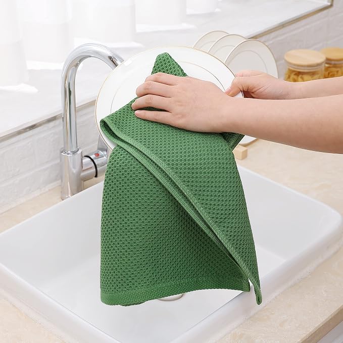 Homaxy 100% Cotton Waffle Weave Kitchen Towels, 3-Pack, Grass Green | 13 x 28 Inches, Ultra Soft Absorbent Dish Towels, Quick Drying Cleaning Towels