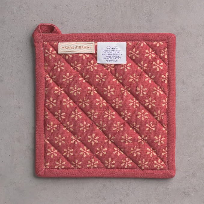 Maison d' Hermine Pot Holders 100% Cotton Potholders (8" x 8", Pack of 2) | Heat Resistant Hot Pads with Loop BBQ Cooking Baking Hotel Kitchen Handling Hot Pans Thanksgiving Christmas - Romane