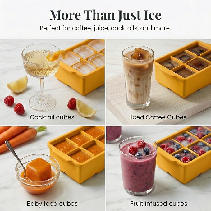 KitchFort® Large Silicone Ice Cube Tray (2-Pack), Easy Release 2" Big Ice Cubes - Cocktail, Whiskey Ice Cubes Mold - Ice Trays for Freezer with Lid - Stackable Silicone Ice Tray - Mustard Yellow