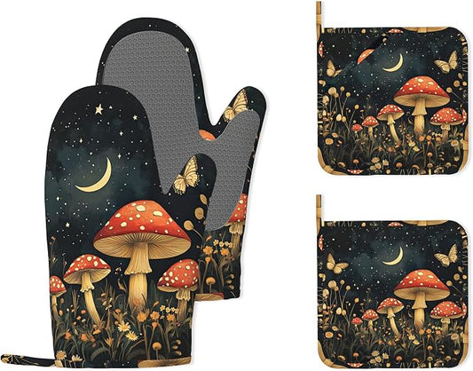 Magic Mushroom Heat-Resistant Silicone Oven Mitts and Pot Holders,Butterfly Moon Long Oven Gloves with Non-Slip Grip for Cooking, Baking, Grilling,BBQ