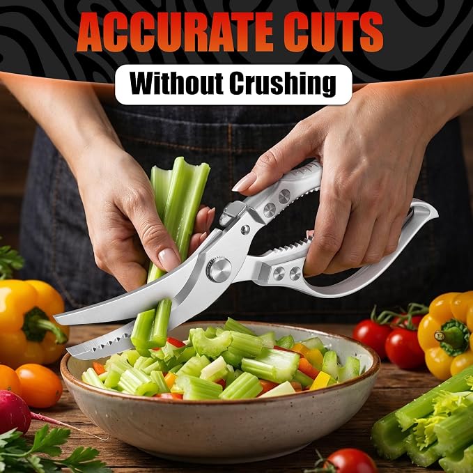 Stainless Steel Poultry Shears, Hardened Blades, Safety Lock | Heavy Duty Kitchen Shears for Food with Nutcracker and Fish Descaler; Spring-Loaded to Cut Chicken, Turkey, Meat and Bone