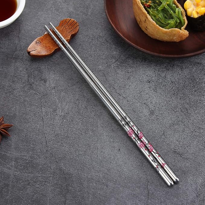 Stainless Steel Chopsticks, Metal Chopsticks, Reusable Non-slip Design Chop Sticks, 5 Pairs Gift Set,Plum Pattern Design