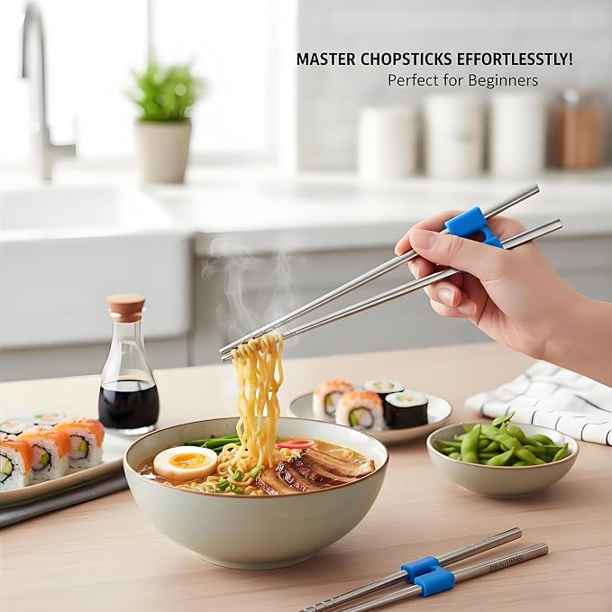 Metal Chopsticks with Training Chopstick Helpers - 18/8 Premium Reusable Non-Slip & Lightweight 9 1/4 Inch Stainless Steel Chopsticks, Dishwasher Safe, Furniture Kitchen Premium Gift Set (Silver)