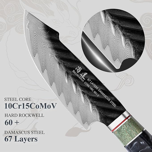 SHANGDAO Damascus Utility Knife 4.8 Inch Fruit Knife with Leather Sheath 67 Layers Alloy Steel Peeling Cutter - Hand Forged Resin & Wood Handle QILIN Series