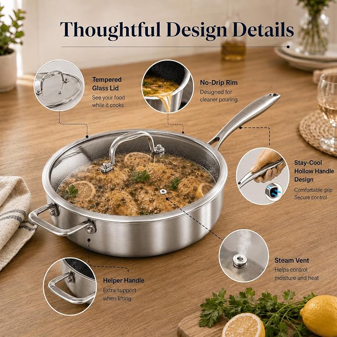 DELARLO Tri-Ply Hybrid Stainless Steel 10 Inch Saute Pan,3QT Chef Cooking Pan,Anti-Scratch,Compatible with All Cooktops,Oven Up to 660℉,Chicken Fryer,Dishwasher-Friendly（Detachable handle）