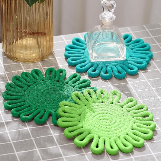 Aesthetic & Colorful Boho Trivets for Hot Dishes, Trivets for Hot Pots and Pans, Potholders for Kitchen, Heat Resistant Hot Pads for Countertops,Table Decorations,Set of 3, 100% Cotton,7.5"(Green)