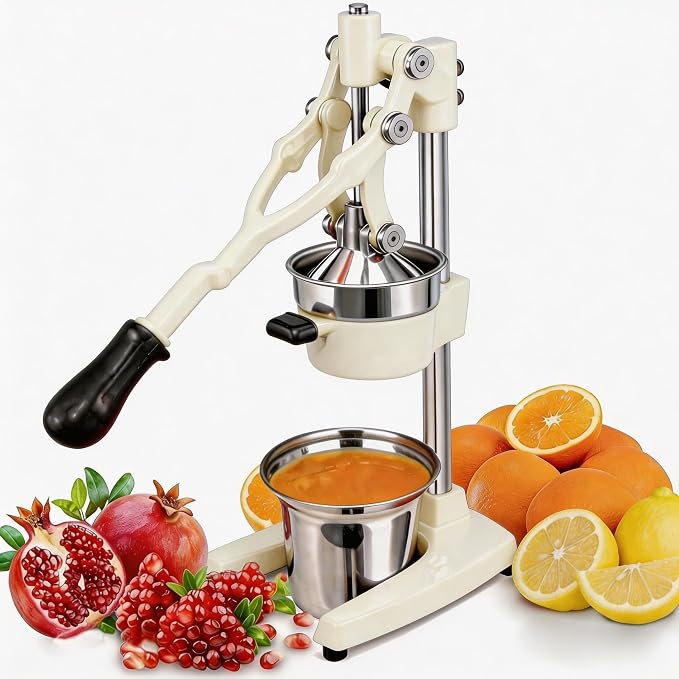 19 Inch Height Extra Tall Commercial Heavy Duty Cast Iron Hand Press Manual Orange Citrus Lemon Lime Grapefruit Pomegranate Fruit Juice Squeezer Machine with Stainless Steel Cup White