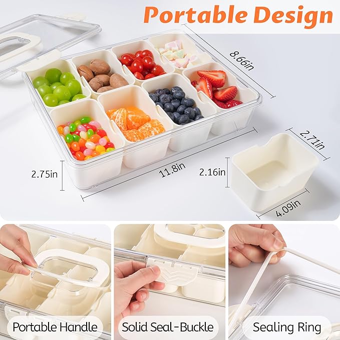 Snackle Box Container Dishwasher Safe Divided Serving Tray with Lid Handle | Charcuterie Board for Portable Snack Platters, Clear Organizer for Fruits Snacks, Perfect for Road Travel