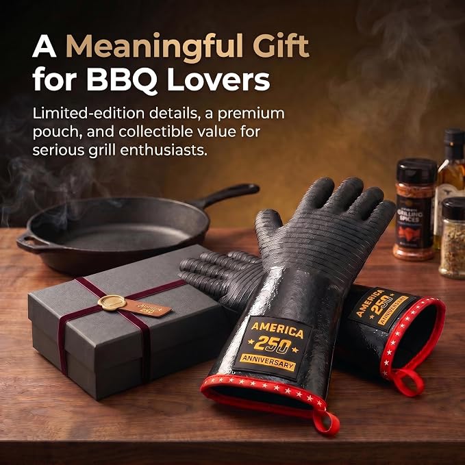 PRO BBQ Gloves, Black Neoprene, 14-Inch, Heat Resistant up to 932°F, Waterproof with Cotton Lining, America 250th Anniversary Edition, Includes Storage Bag (Roomy Fit-14INCH-932℉-PRO)