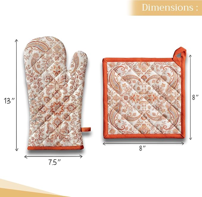 Maison d' Hermine 100% Cotton Oven Mitt & Pot Holder Set (7.5"x13" & 8"x8") | Heat Resistant BBQ Cooking Gloves with Loop Baking Grilling Kitchen Hotel Home Farmhouse Thanksgiving Christmas - Cachemire