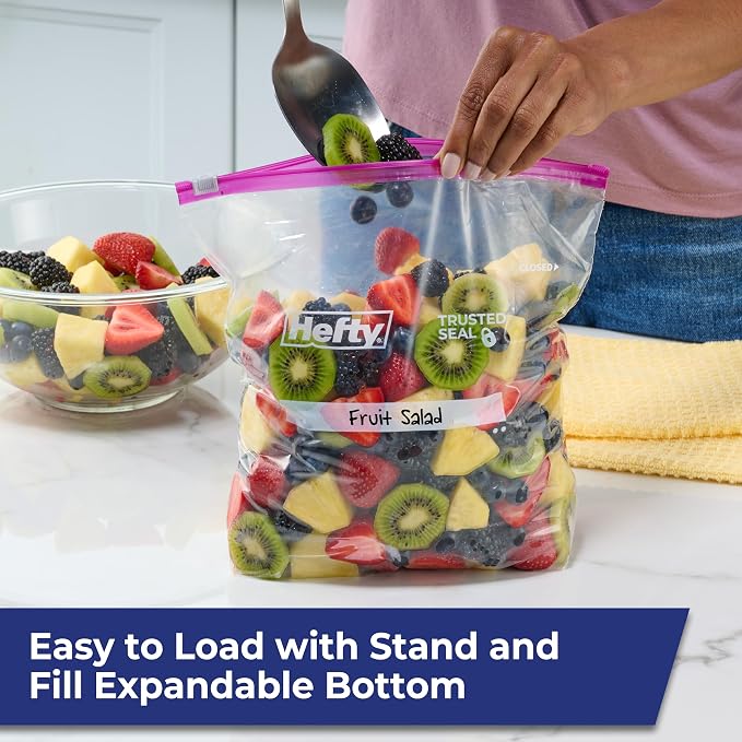 Hefty Slider Storage Bags, Gallon Size, 66ct | Bulk Pack, Gallon Storage Bags for Food, Snacks, Toiletries, and More, Writable Label, Stand and Fill, Secure Slider Closure