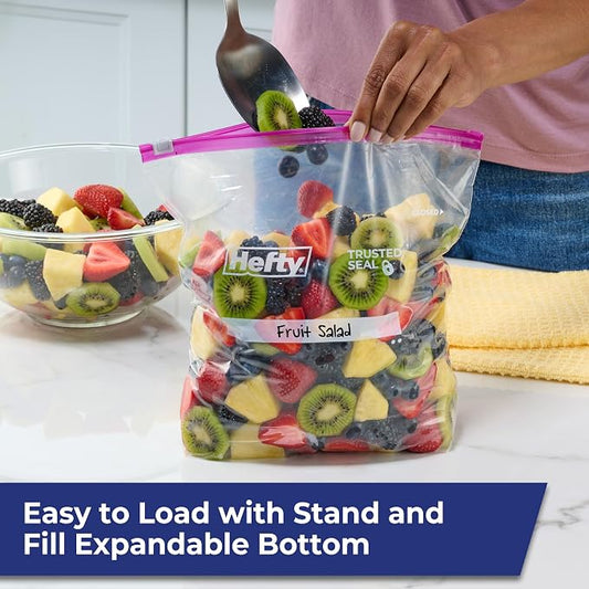 Hefty Slider Storage Bags, Gallon Size, 66ct | Bulk Pack, Gallon Storage Bags for Food, Snacks, Toiletries, and More, Writable Label, Stand and Fill, Secure Slider Closure