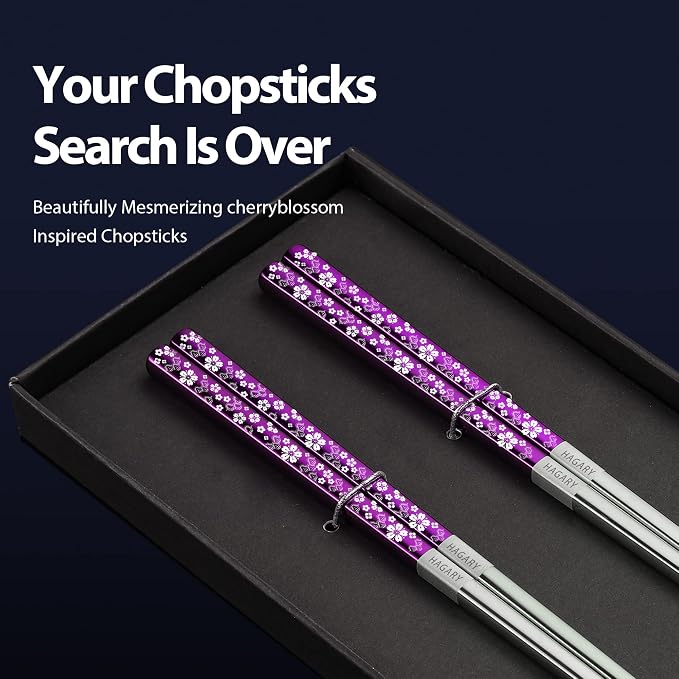 Hagary Cherry Blossom Rainbow Chopsticks Metal Chopsticks Reusable Designed In Korea Japanese Style Stainless Steel 316 18/10 Non-Slip Dishwasher Safe (Purple - 2 pairs)