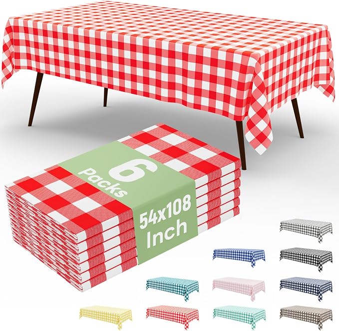 6 Packs Buffalo Disposable Table Cloth, 54 x 108 Inch Waterproof Plastic Tablecloth, Rectangle Red and White Checkered Table Covers for Picnic, Birthday, Party, Back to School