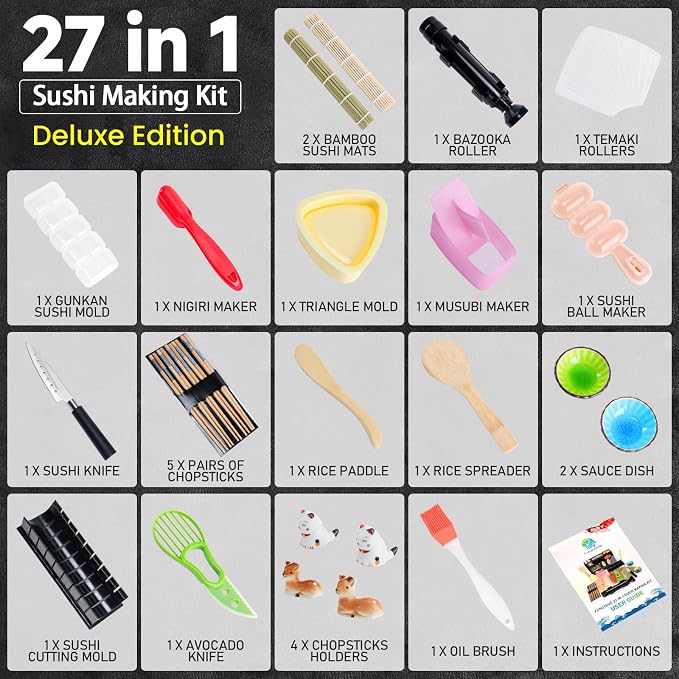 FUNGYAND Sushi Making Kit, 27-in-1 Complete Sushi Set | with Bazooka Roller, Nigiri & Musubi Presses, Bamboo Mats, Knife, Cutting Mold, Ceramic Dishes