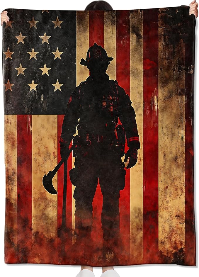Firefighter Retro Blanket Gifts for Heroes Adult,American Flag Vintage Throw Blankets,Soft Comfy Lightweight for Room Couch Bed Sofa Modern Bold Decor,Patriotic Lover 60x50in