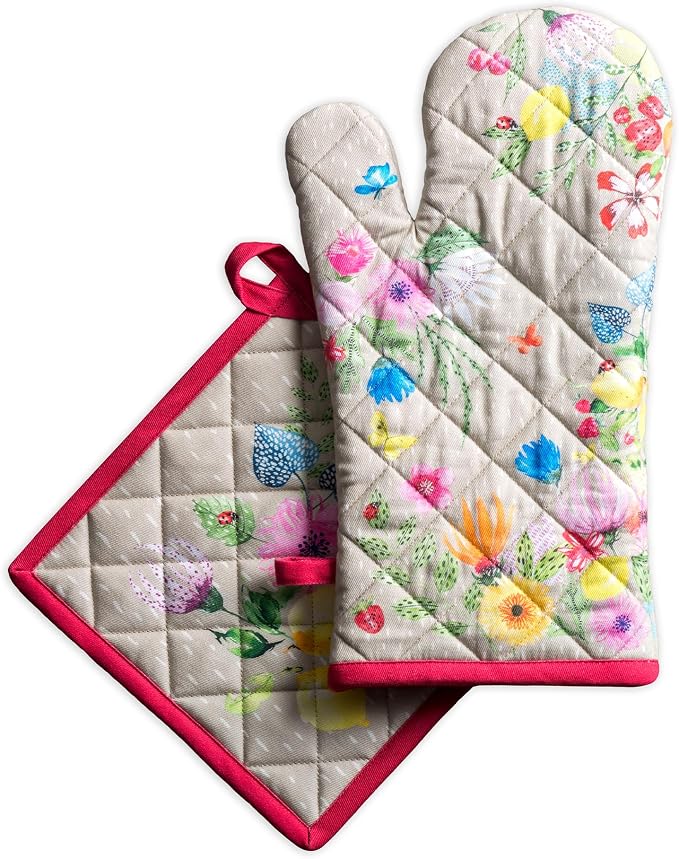 Maison d' Hermine 100% Cotton Oven Mitt & Pot Holder Set (7.5"x13" & 8"x8") | Heat Resistant BBQ Cooking Gloves with Loop Baking Grilling Kitchen Hotel Home Farmhouse Spring Summer - Jardin D'Ete - Fog