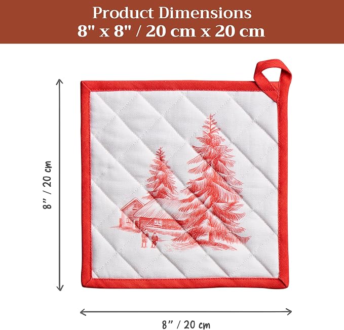 Maison d' Hermine Pot Holders 100% Cotton Potholders (8" x 8", Pack of 2) | Heat Resistant Hot Pads with Loop BBQ Cooking Baking Hotel Kitchen Handling Hot Pans Thanksgiving Christmas - Winter Jouy