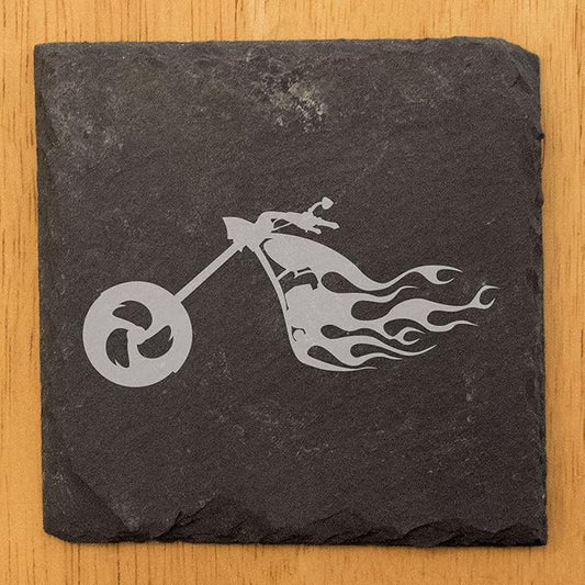 Ride The Fire: Flaming Chopper Motorcycle Coasters - Square Slate - Set of 8