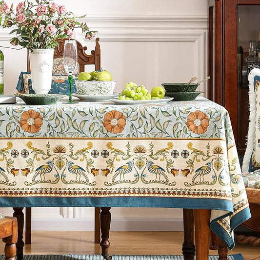 patdrea Designer French Linen Blue Tablecloth for Rectangle Table,Vintage Floral Table Cloth,Colorful Decoration Fall Cover Kitchen Dining for Thanksgiving,Tea Party,Christmas,55"x71"-Wensel