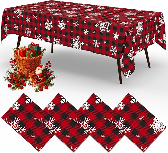 4 Packs Christmas Buffalo Disposable Table Cloth, 54 x 108 Inch Waterproof Plastic Tablecloth, Rectangle Black Red and White Checkered Table Covers for Picnic, Birthday, Party