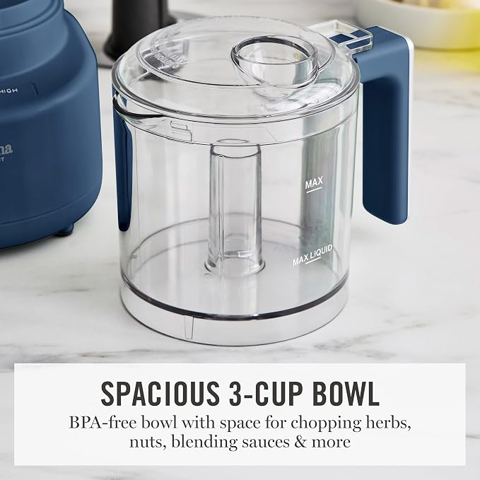 Martha Stewart 3 Cup Electric Vegetable Chopper, Mini Food Processor, Navy | 24oz BPA-Free Bowl, Stainless Steel Blades, Pour Spout, Dice, Puree, Mince, Chop Vegetables & Herbs, Dishwasher-Safe Parts