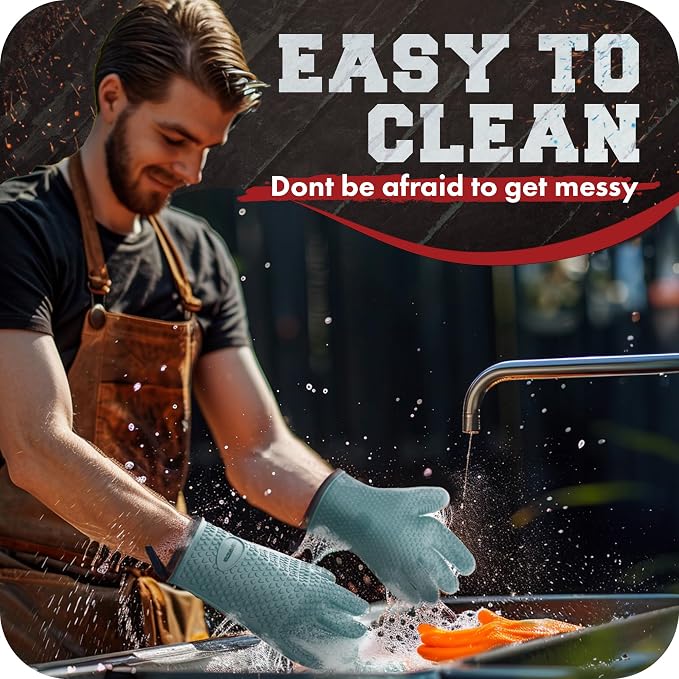 KITCHEN PERFECTION Silicone Smoker BBQ Gloves - Heat Resistant Oven Mitts | Waterproof, 5-Finger Design For A Better Grip, for Pitmasters, Meat Smoking, Grilling, Cooking, Frying Turkey | Grill Gift