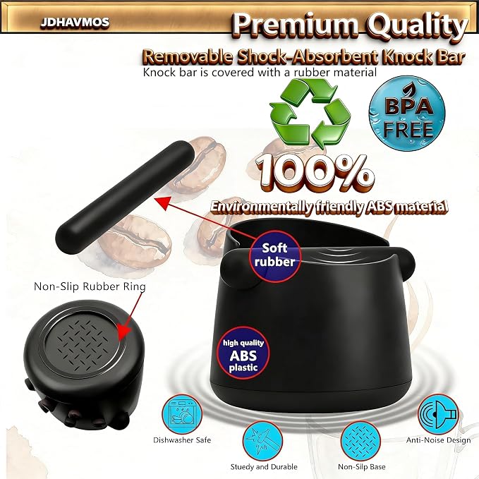5-Inch Espresso Knock Box, Holds 15+ Coffee Pucks with Barista Towels, Removable Knock Bar & Anti-Slip Base, Espresso Machine Accessories for Home/Office (Modern Black)