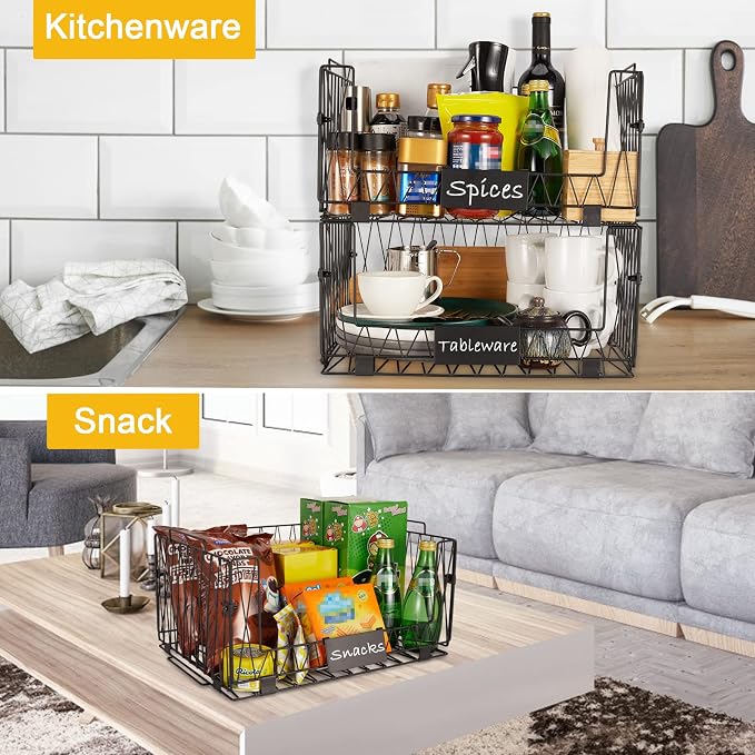 2 PACK XXL Stackable Wire Baskets for Pantry Organization and Storage | Heavy Duty Metal Wire Baskets with Labels,Open Front Pantry Bins for Kitchen,Snacks,Chips,Cans,Potatoes & Produce